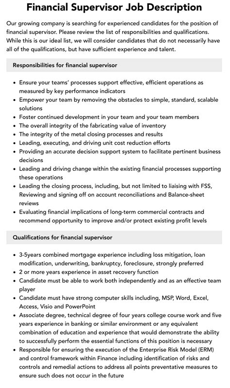 financial supervisor job description velvet jobs