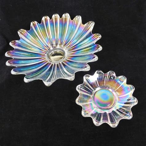 Federal Glass Lot Of 2 Celestial Iridescent Glass Round Centerpiece Bowl Vintage Ebay