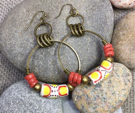 African Earrings, Beaded Hoop Earrings, Trade Bead Earrings, Ghana ...