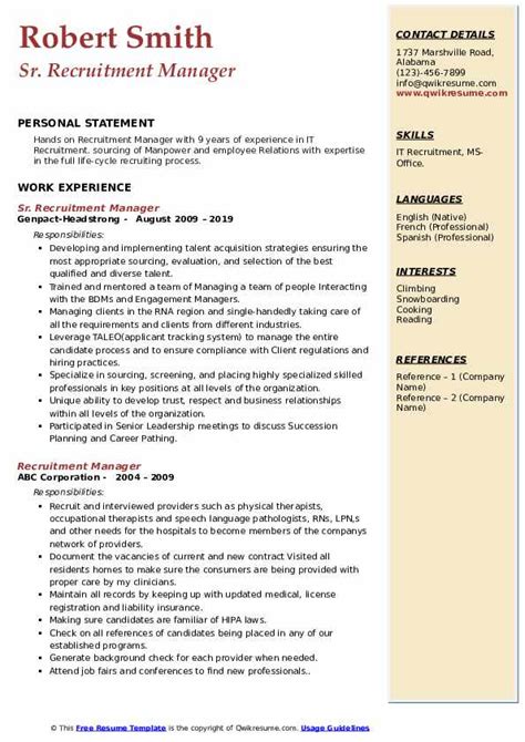 Recruitment Manager Resume Samples QwikResume