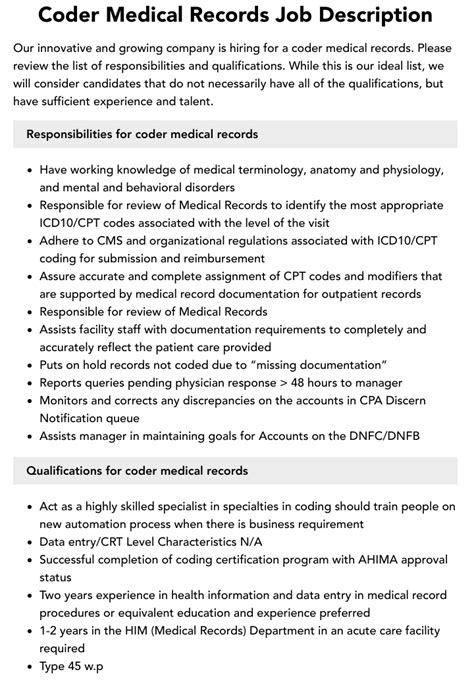 Coder Medical Records Job Description Velvet Jobs