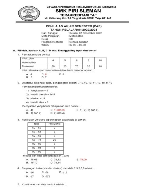 Soal Mtk Pas Xii Sem Ganjil 2223 Ika Pdf