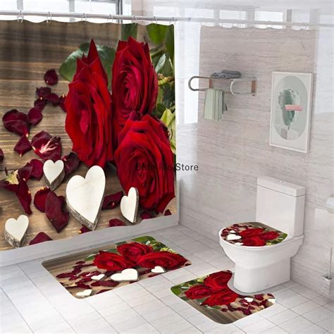 3d Digital Printing Red Rose Flower Shower Curtain Waterproof Polyester