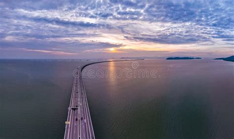 Amazing Aerial View Of The Penang Bridge In Night Sky Stock Photo