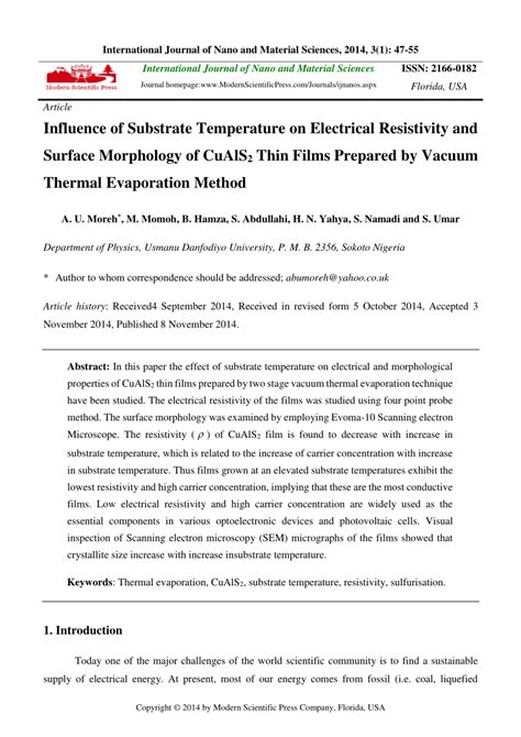 Pdf Influence Of Substrate Temperature On Electrical Resistivity And