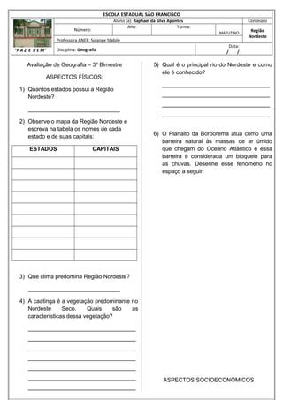 Avaliacao Geografia Nordeste Pdf