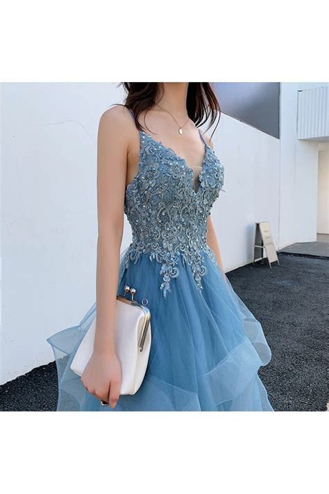 Blue Beaded Lace Beautiful Ruffled Prom Dress With Spaghetti Straps