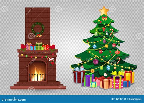 Cartoon Christmas Set Of Decorated Burning Fireplace And Fir Tree With