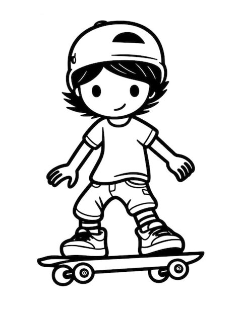 Un niño de dibujos animados montando una patineta con un casco en la ia