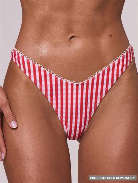 Musera Resort Stripe Gingham Detail Frill Women Bikini Bottoms Vacation Holiday Beach Swimwear