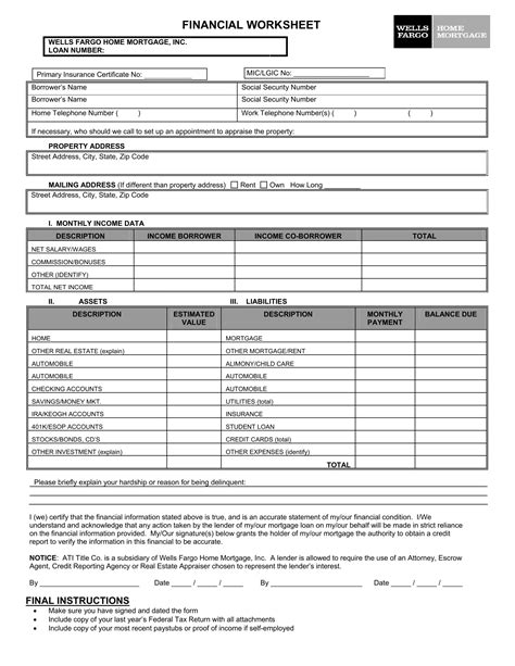 Wells Fargo Financial Worksheet PDF Form - FormsPal