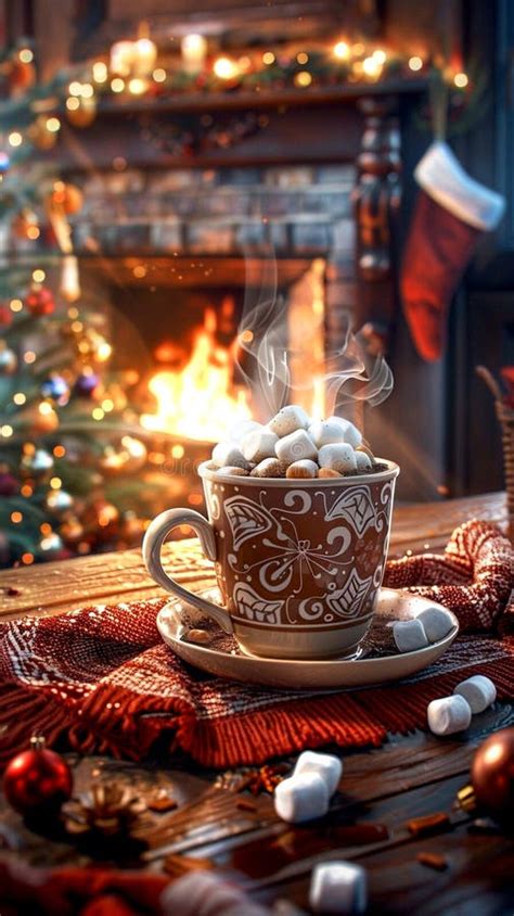 Warm Cup Of Hot Cocoa With Marshmallows Beside A Cozy Fireplace