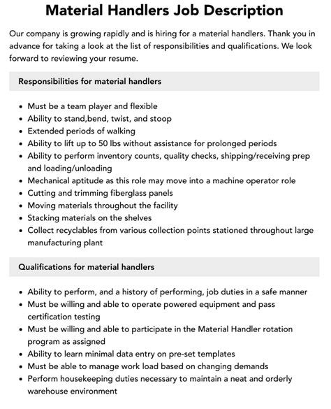 Material Handlers Job Description Velvet Jobs