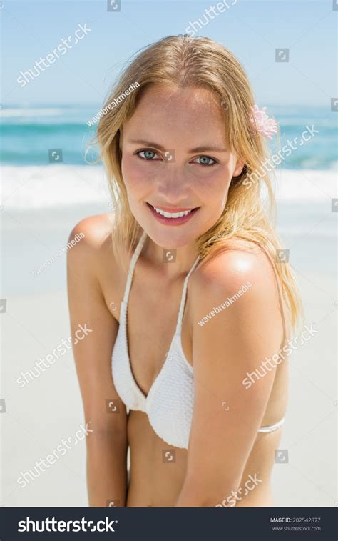 Beautiful Blonde White Bikini Smiling Camera Stock Photo