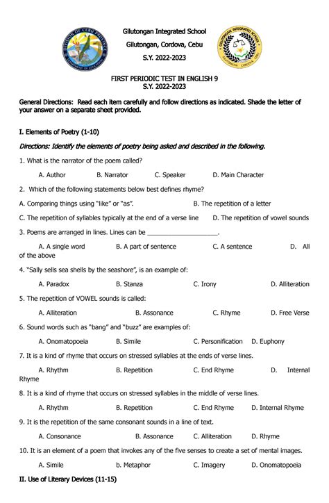 English First Qe St Quarter Exams Gilutongan Integrated School