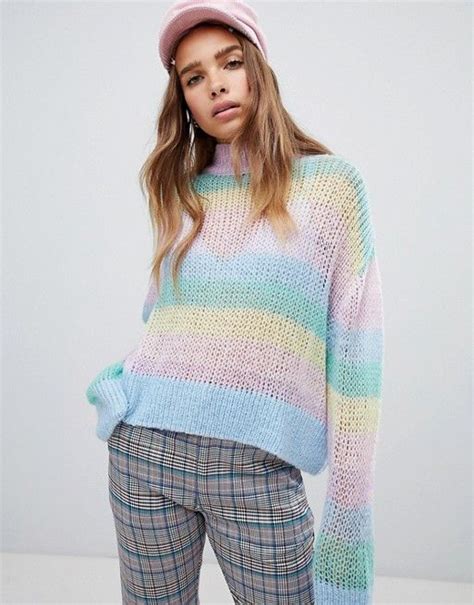 Lazy Oaf Pastel Rainbow Stripe Fine Knit Sweater Fine Knit Sweater