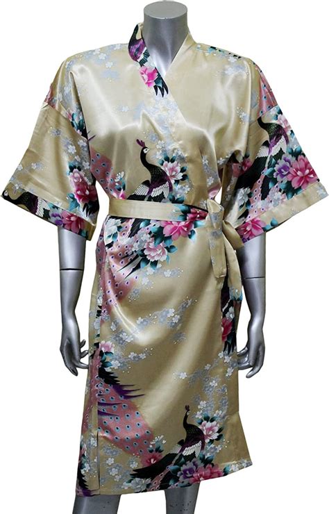 Asian Peacock Kimono Womens Satin Silk Robe One Size Goldenrod At