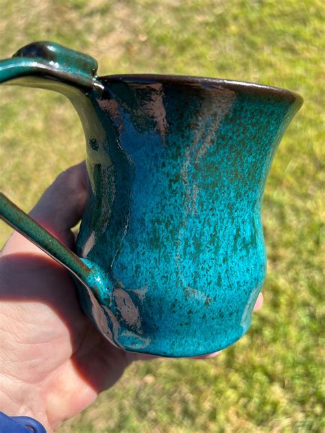 Turquoise Pottery Coffee Cup Made With Brown Clay Etsy