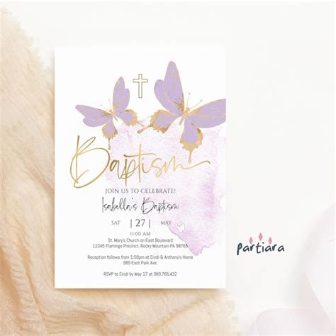 Butterfly Baptism Invitation Girl Printable Lavender Purple Etsy