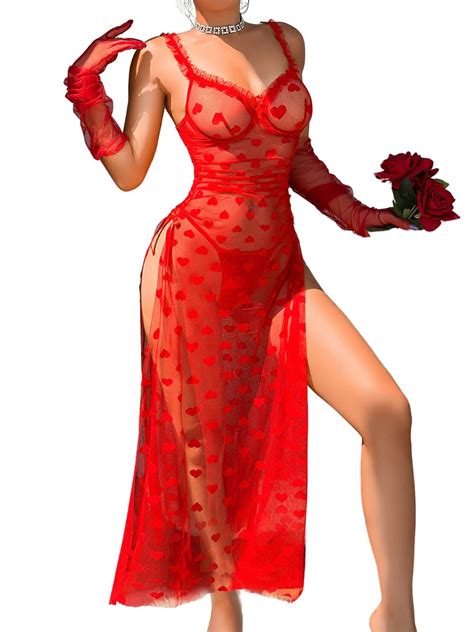 Ehsuyab Women S Sexy Heart Lingerie Set Underwire High Slit Bow Maxi Dress Valentines Ruched