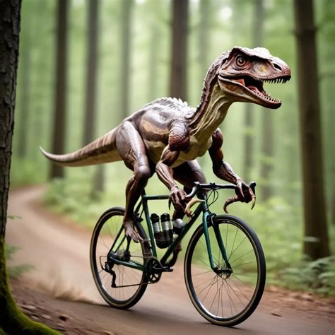 a velociraptor riding fast a road bicycle in the for...