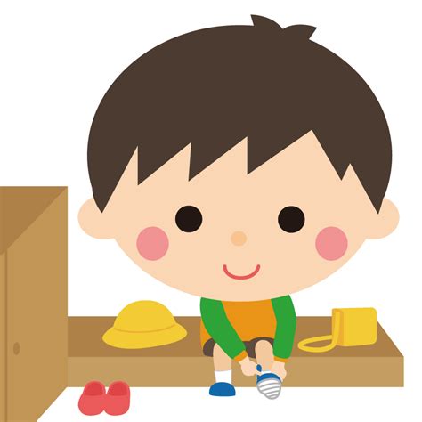 玄関で靴を履く子供のかわいいイラスト画像素材（無料 フリー）