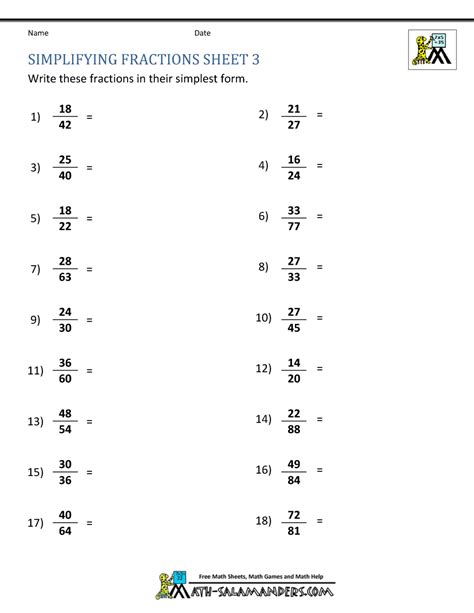 Simplifying Fractions Worksheet