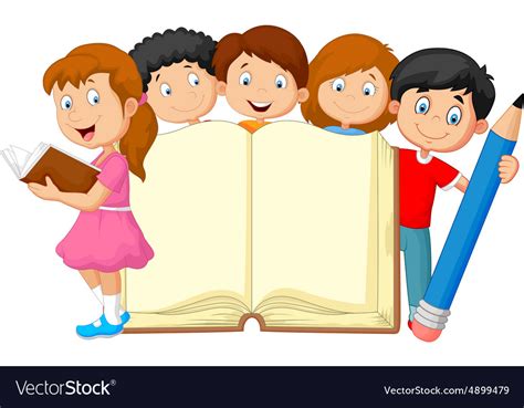 Cartoon kids with book and pencil Royalty Free Vector Image