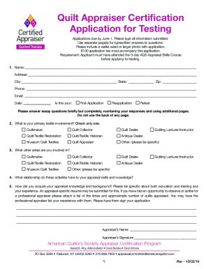 Fillable Online Quilt Appraiser Certification Application For Testing