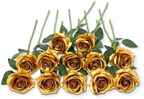 Amazon Yzyil Pack Artificial Gold Roses Flowers Blossom Silk