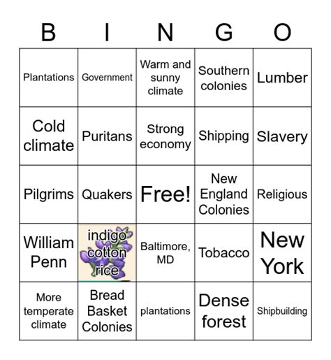 13 Colonies Bingo Card