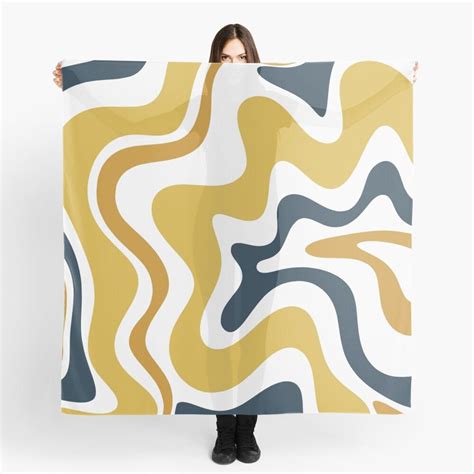 Retro Liquid Swirl Abstract Pattern In Mustard Yellow Navy Blue And White Scarf For Sale By