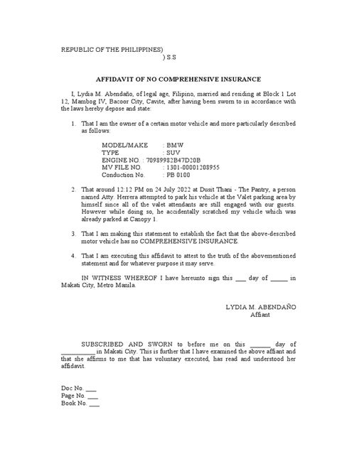 Affidavit Of No Comprehensive Insurance Pdf