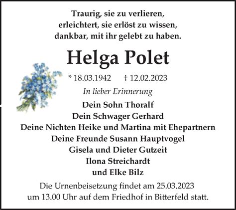 Traueranzeigen Von Helga Polet Abschied Nehmen De