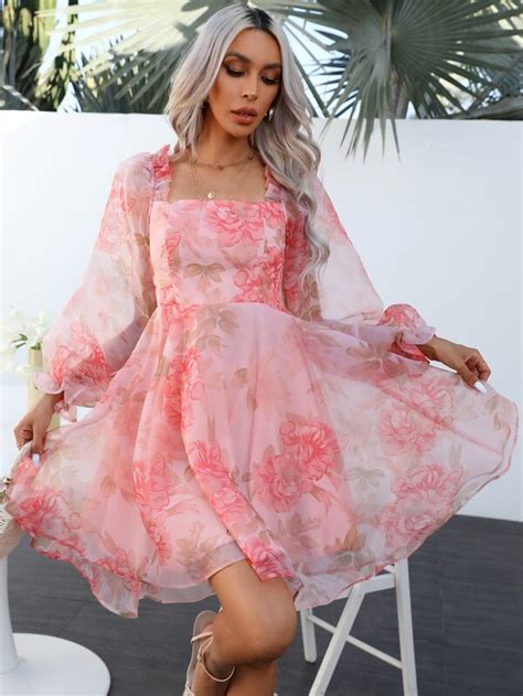 SHEIN VCAY Floral Print Lantern Sleeve Organza Dress SHEIN USA