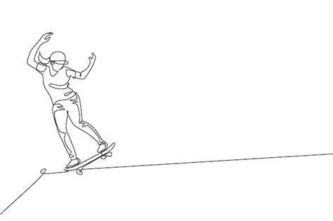 Un Dessin En Ligne Continue D Un Jeune Patineur Sur Un Skateboard