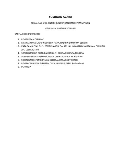 Susunan Acara Sosialisasi Osis Uks Dll Pdf
