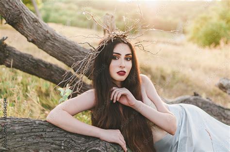 Brunette Girl Mavka Dryad Naiad Forest Nymph In A Fairy Tale In The Forest Among The Trees In