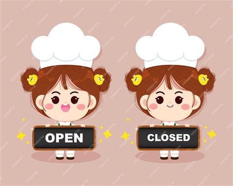 Premium Vector Cute Chef Girl Smiling In Uniform Holding Sign Open