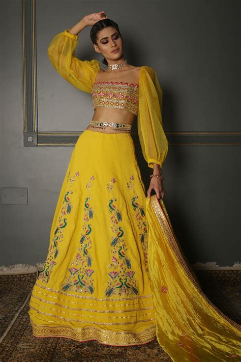 Buy Aditi Gupta Yellow Pleated Embroidered Lehenga Set Online Aza