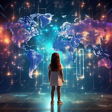 Una Niña Parada Frente Al Holograma Del Mapa Mundial De Luz Vertical