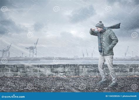 Male Pedestrian Is Facing Strong Wind And Rain Stock Photo Image Of