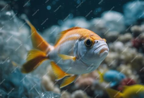 Premium Photo | Fish swims among plastic bag ocean pollution