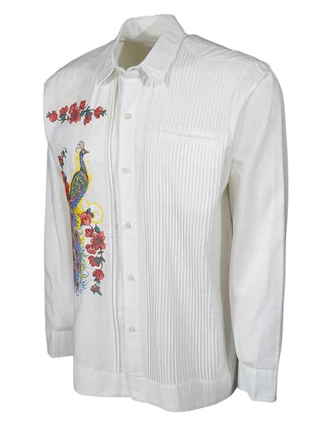 Y A Bera Clothing Mens Guayabera Shirt Linen With Peacock