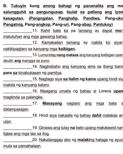 B Tukuyin Kung Anong Bahagi Ng Pananalita Ang May Salungguhit Sa