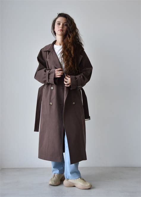 Taupe Trench Coat For Women Double Breasted Oversize Trench Coat For