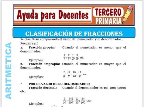 Clasificación de Fracciones para Tercero de Primaria Ayuda para Docentes