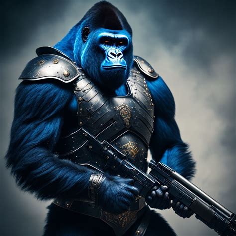 Yellow Lemur Blue Avatar Gorilla Wearing Armour Holding Gun With