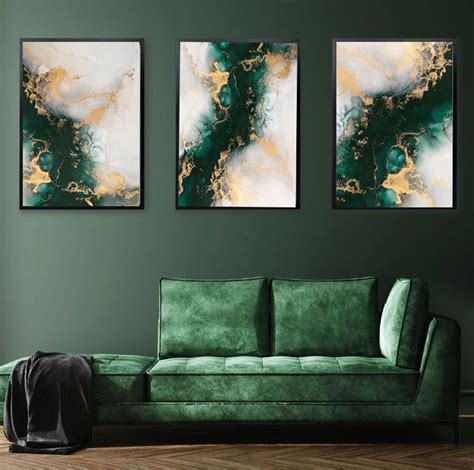 Green And Gold Marble Wall Art Printsabstract Wall Artset Of 3 Prints