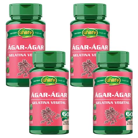 Kit 4 Gelatina Vegetal Agar Agar 600mg 60 Capsulas Unilife Submarino